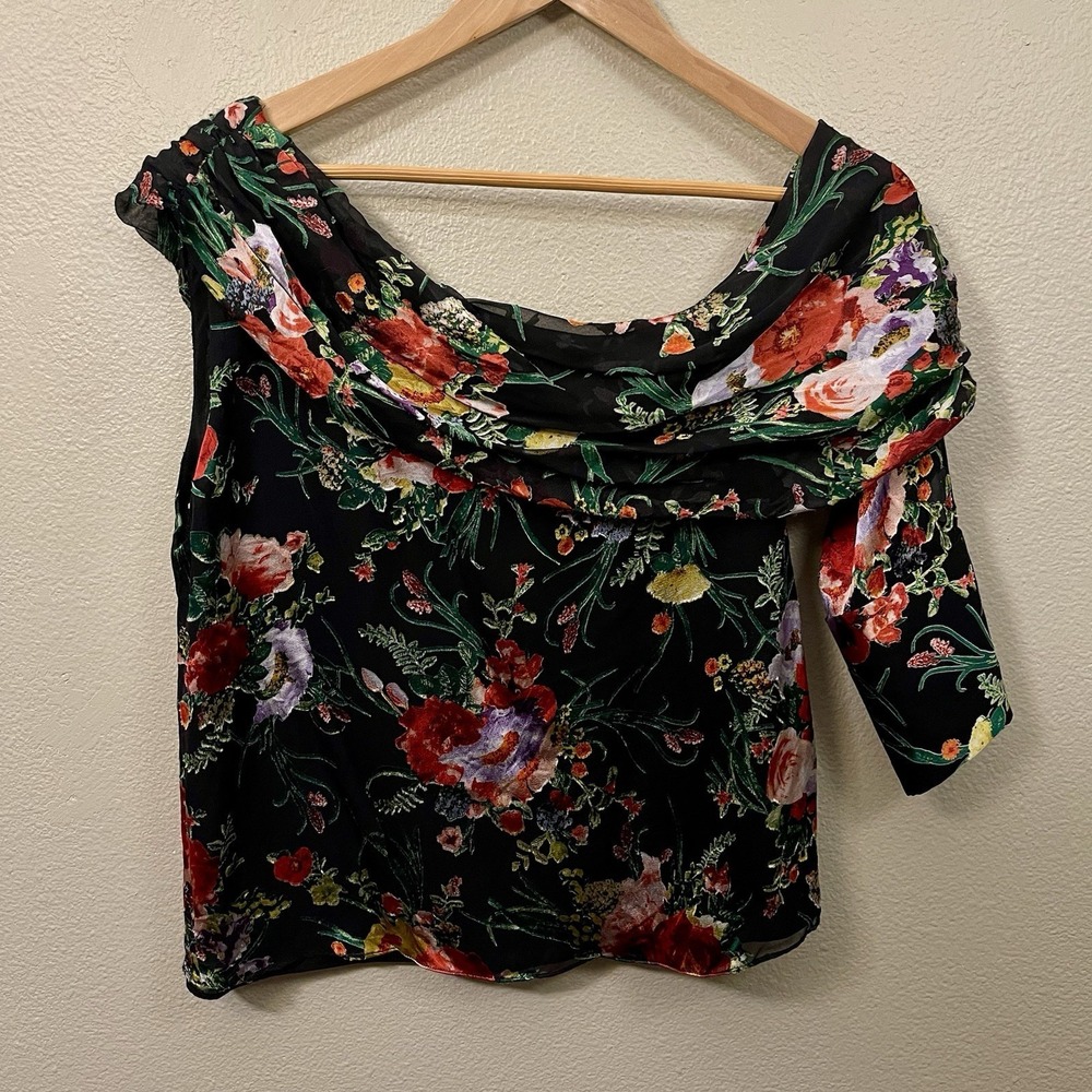 Alice & Olivia Asymmetrical Floral Top Velvet Overlay Whimsygoth Moody Size S /P
